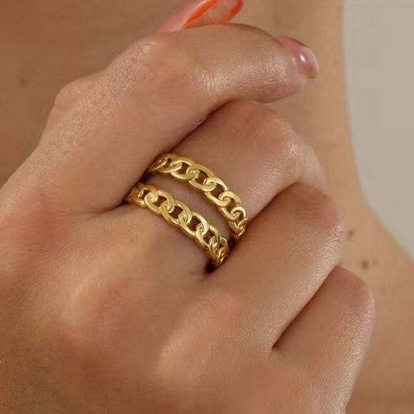 Cuban Link Chain Ring 18K Gold Plated Stainless Steel Double-layer Open Ring - Picture 2 of 5